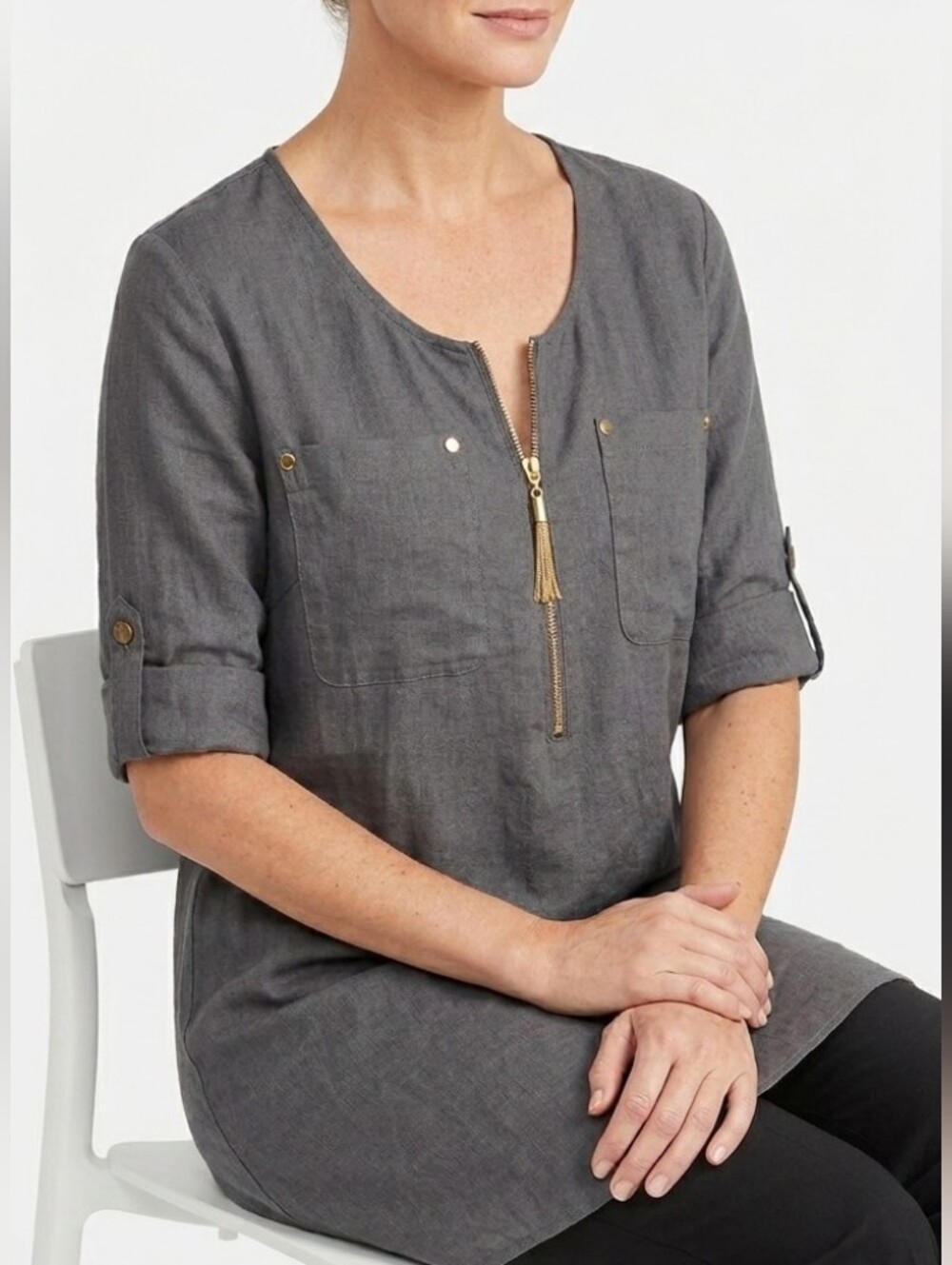 ELLEN TRACY Linen Tunic Top Roll Tab Sleeve Gold Zipper Tassels Pockets L